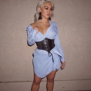 Blue striped tied shirt dress